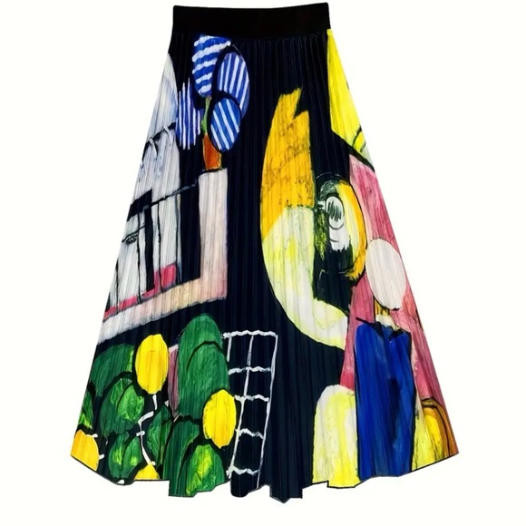 Geometric Print High-Waist A-Line Pleated Skirt - Picture 7 of 9